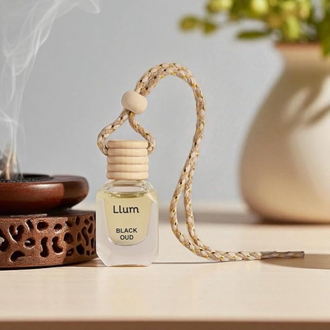 Llum Black Oud Hanging Car Air Freshener – Luxury Automotive Perfume Diffuser 10ml (0.34 fl oz), Long-Lasting Fragrance, Alcohol-Free Non-Toxic Car Scent, Glass Bottle With Wood Cap & AC Vent Clip