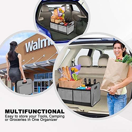 Homeve Trunk Organizer, Car Storage, Reinforced Handles, Collapsible Multi-Compartment, Foldable, Waterproof, Sturdy, 600D Oxford Polyester For Car, SUV, Mini-Van, Grey, 2 Compart