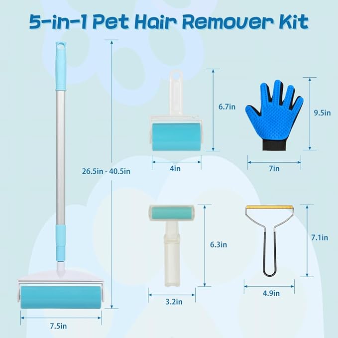 5-in-1 Pet Hair Remover Kit, Washable & Reusable Gel Lint Roller with 40.5" Extendable Handle, Cat Dog Hair Removal Tool, Carpet Rake & Grooming Gloves for Pets, Couch, Furniture, Clothes