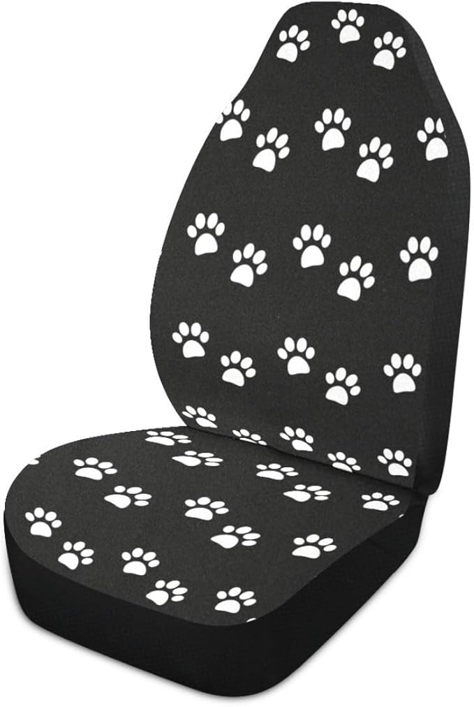 Paw Print Car Seat Covers Set of 2,White Animal Pet Claws on Black Background Universal Auto Front Seat Cushion Protector for Women Cute Animal Footprints Car Accessories Fit for Car Truck
