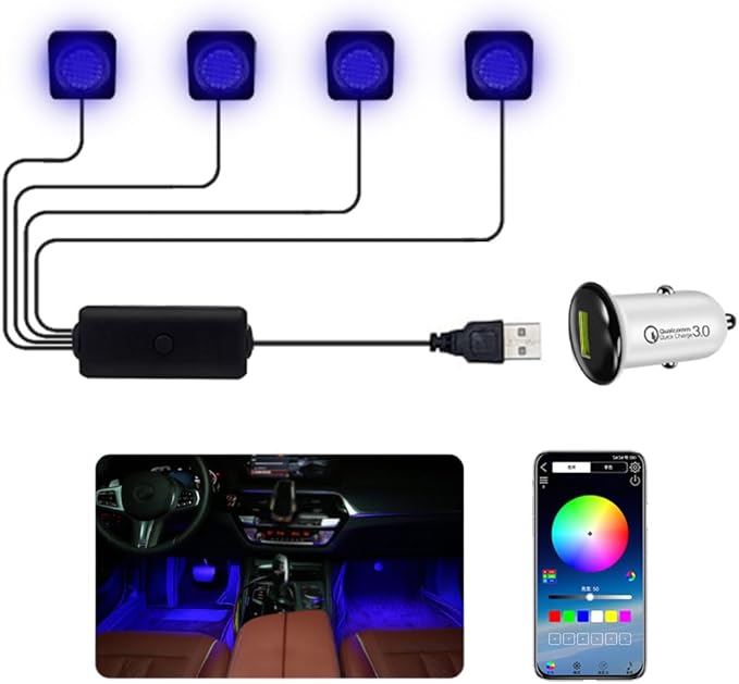 Interior Car Lights APP Control Color Change Small Size LED Light Bulb Music Sync Inside Ambient Lighting Kit USB and Charger Adapter 12V for Cars Trucks Under Dash Accessories and Motorcycle