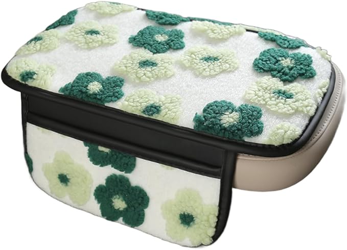 Plush Fleece Car Armrest Cover, Armrest Protection Cover with Side Storage Pockets, Armrest Seat Box Cover, Car Center Console Cushion Pad(green-Double mouth)