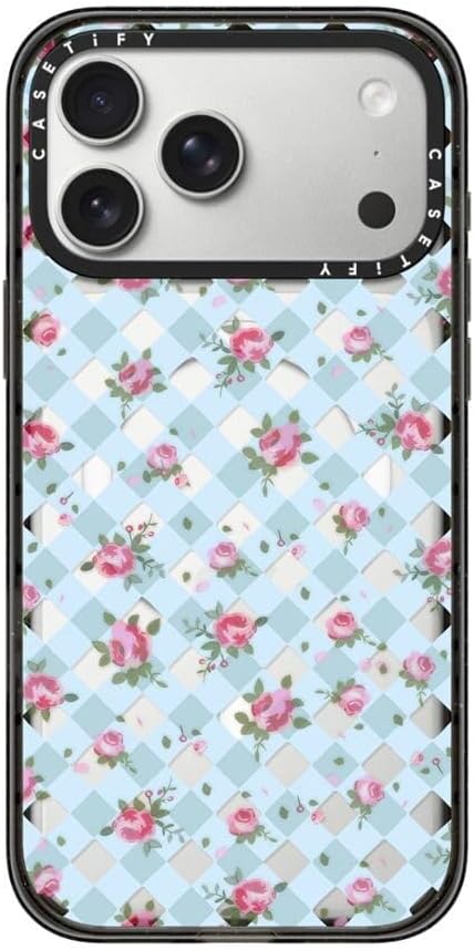 CASETiFY Impact iPhone 17 Pro Max Case [Slim/Compatible with Magsafe / 8.2 ft. 4X Military Grade Drop Protection] - Floral Gingham - Blue - Clear Black
