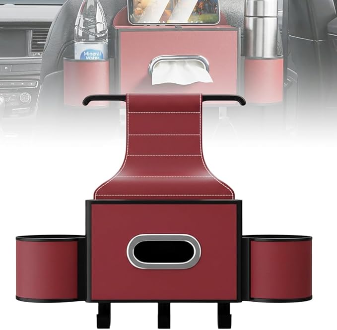 3-in-1 Car Backseat Organizer with Cup Holder, Tissue Box, Trash Bin & Hooks,Multifunctional Back Seat Car Organizer for Hold Phones,Snacks,Drinks,and Handbags (A- Red)