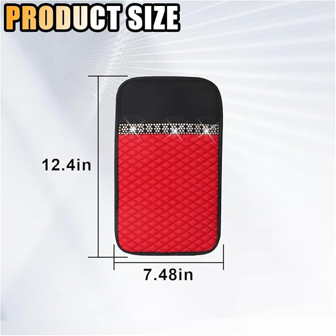 Bling Leather Car Armrest Seat Box Cover, Car Console Armrest Cover with Crystal Rhinestones, Anti-Scratch Waterproof Auto Center Console Protector Cushion Pad for Car SUV Truck (Red)