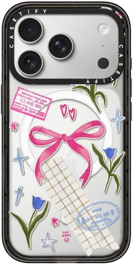 CASETiFY Impact iPhone 17 Pro Case [Slim/Compatible with Magsafe / 8.2 ft. 4X Military Grade Drop Protection] - Ribbons and Tulips - Clear Black