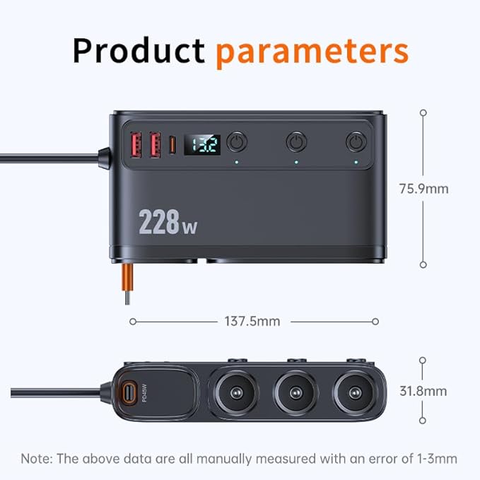 228W Car Charger Cigarette Lighter Splitter with Retractable USB-C Cable, 9-in-1 Multi-Port Car Power Adapter, Dual PD Fast Charging, LED Voltmeter for 12V–24V Vehicles