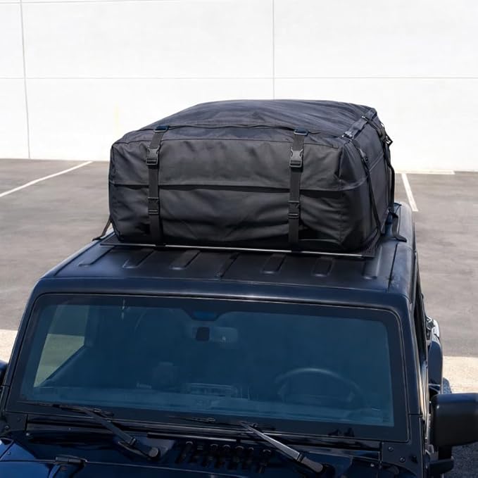 SR1 Performance USA Waterproof Rooftop Cargo Bag – Car Roof Carrier for Cars/SUVs with/Without Rack, Includes Non-Slip Mat, Heavy-Duty Straps, Lock for Secure Travel Storage (15 Cubic Feet, No Logo)