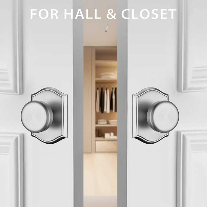Interior Pismo Doorknobs for Closet, Brushed Nickel Door Knobs with Camelot Trim, Heavy Duty Door Handle