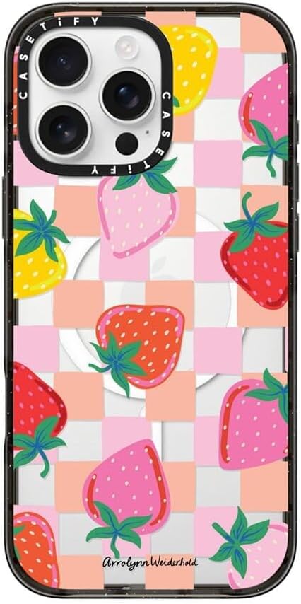 CASETiFY Impact Case for iPhone 16 Pro Max [8.2ft 4X Military Grade Drop Protection/Compatible with Magsafe] - Fun Strawberries - Clear Black