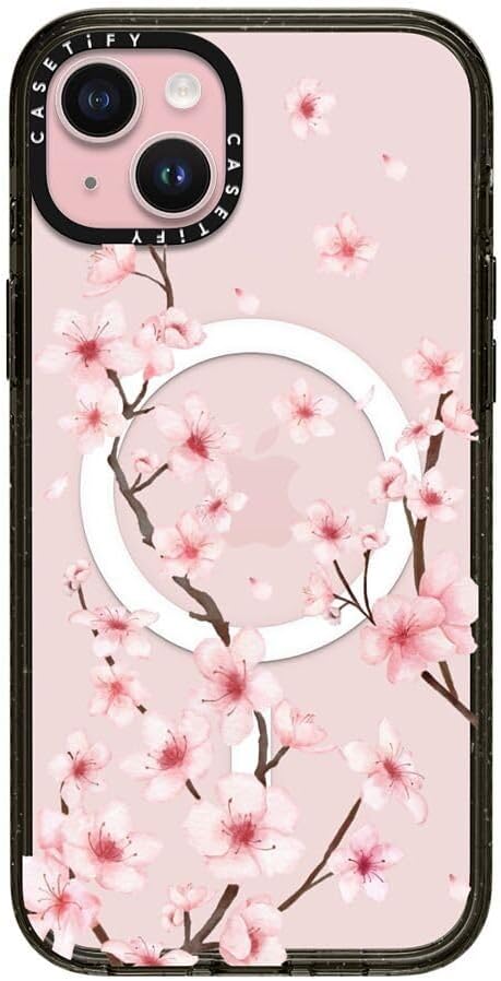 CASETiFY Impact Case for iPhone 15 Plus [8.2ft 4X Military Grade Drop Protection/Compatible with Magsafe] - Cherry Blossom - Clear Black