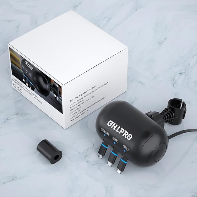 OHLPRO Multi Car Retractable Backseat 3 in 1 Car Charging Station Box Compatible with All Phones | iPhone | Samsung | Uber Taxi Lyft Turo Ride Share Customer Charging Dock Attach to Headrest