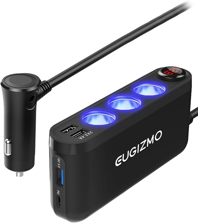 EUGIZMO USB Cigarette Lighter Adapter, 200W Car Cigarette Lighter Plug Splitter Adapter USB Charger Extension Cord 3 Socket Way 12V/24V Car Charger Adapte r Splitter Port for Plug Outlet