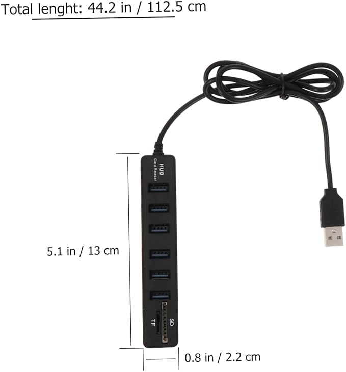 Angoily 6-Port USB Hub Card Reader Multi-Port USB Splitter for Laptops and Desktops 1m Extension Cable Compact and Portable Design