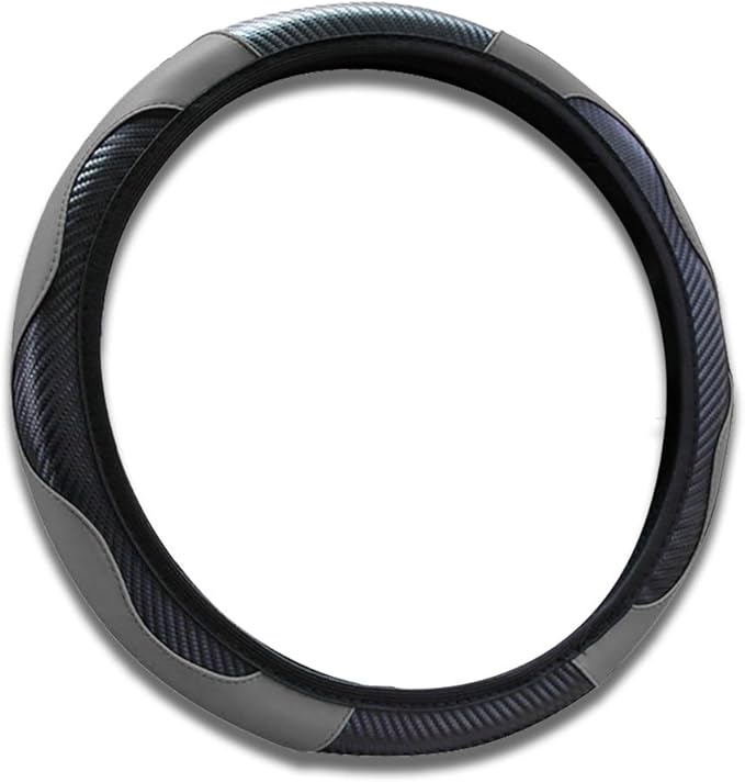 15 inch Car Steering Wheel Cover, Carbon Fiber Microfiber PU Leather Elastic Steering Wheel Protector for Men Women, Anti-Slip Breathable Car Interior Accessories (Grey)