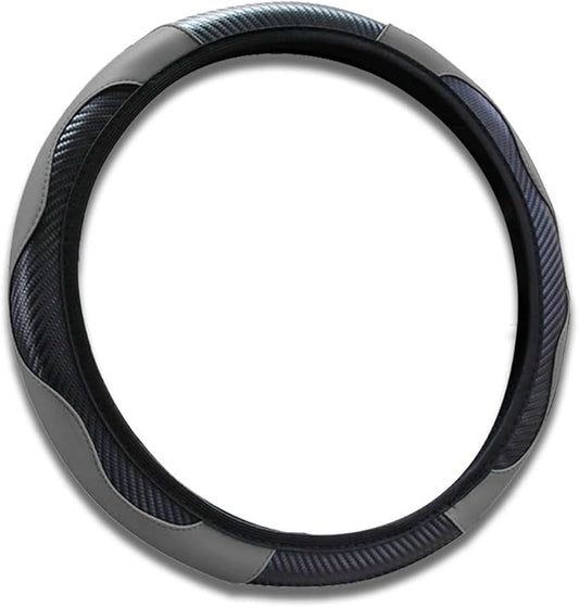 15 inch Car Steering Wheel Cover, Carbon Fiber Microfiber PU Leather Elastic Steering Wheel Protector for Men Women, Anti-Slip Breathable Car Interior Accessories (Grey)