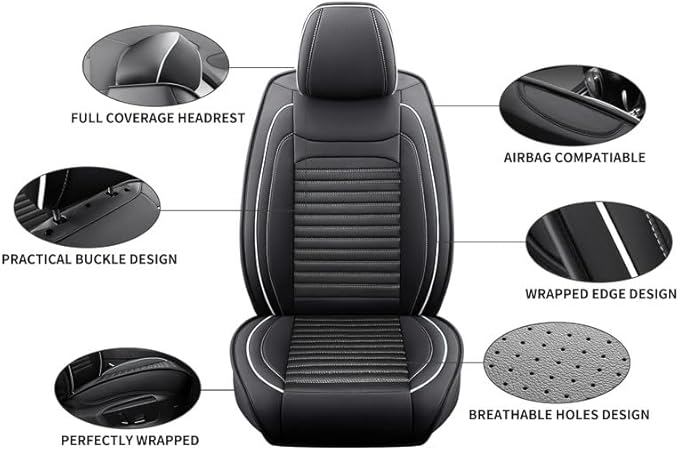 Car Seat Covers Full Set Fit for Toyota Matrix 2003-2014, Premium Faux Leather Car Seat Protector,Breathable Anti-Slip Full Wrapping Edge Seat Covers(Black&White,Full Set)