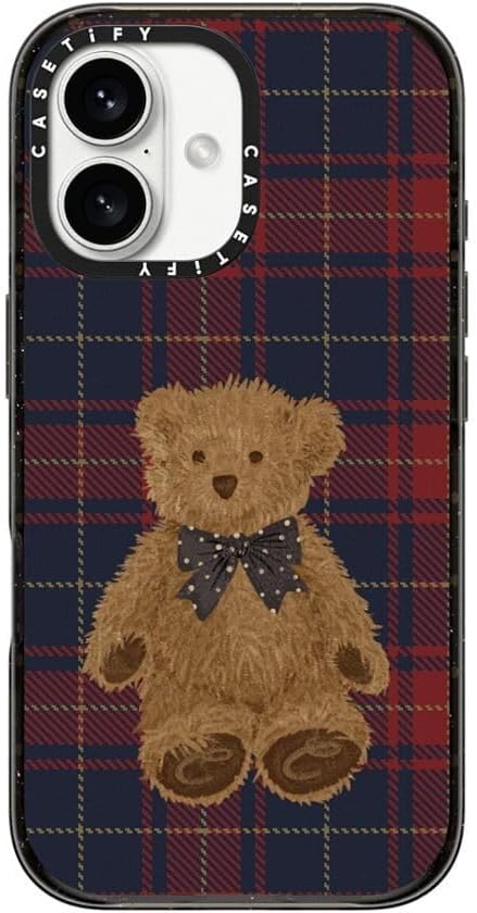 CASETiFY Impact Case for iPhone 16 [8.2ft 4X Military Grade Drop Protection/Compatible with Magsafe] - Teddy Bear Plaid - Clear Black