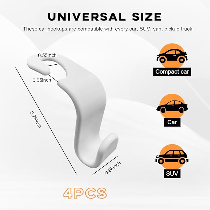 4PCS Car Seat Headrest Hook, Auto Back Seat Hanging Storage Organizer, Vehicle Seatback Hanger Holder for Purse Handbag Coat Umbrella, Universal Interior Car Accessories (White)