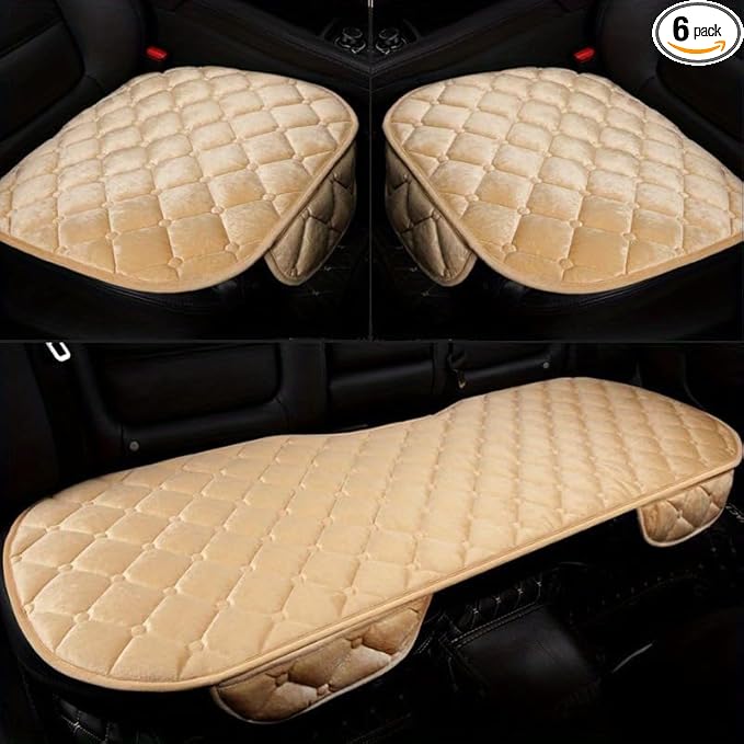 Plush Car Seat Covers Full Set for Sedan, SUV, Truck - Universal Soft Fuzzy Front and Rear Seat Cushion Protectors | Non-Slip, Warm, Machine Washable (Beige, 3-Piece)