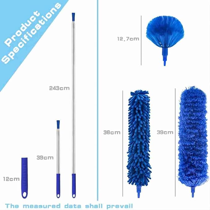 Buysenton Cobweb Duster with Extension Pole, Washable Cleaning Duster Kit with 3 Duster Heads, Cobweb Duster, Corner Brush, 15-100 Inch Long Aluminum Telescoping Pole for Ceiling Fan (Blue)