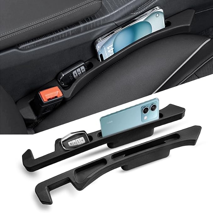 Car seat Gap Filler 2-Piece Multi-Functional Storage Belt with PU Material, seat Side Gap Filler to Prevent Items from Falling, Universal for Cars, SUV, Trucks (Black)