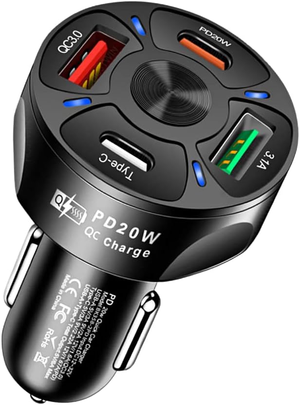 4 Port Car Charger USB C Adapter with LED Light,Quick Charge with Type C/PD 20W/QC 3.0 Fast Charging Car Cigarette Lighter Adapter for iPhone 14 13 12 S22 S21 S20 iPad Pro& More Car (Black)