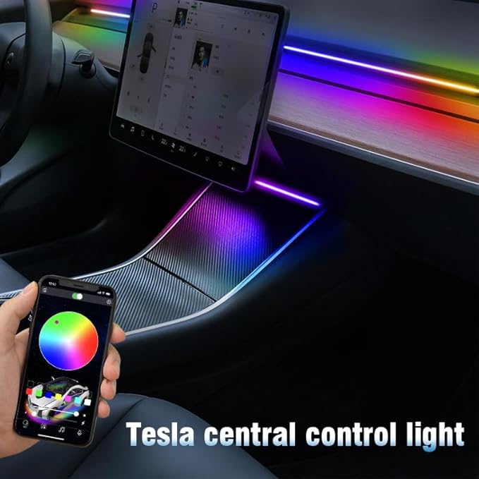 2021-2023 Tesla Model 3 Y Interior Car Neon Lights (Center Console+Dashboard+4 Foot Lights) with Matching Armrest Organizer, Ambient APP-Controlled RGB LED Strip Lights