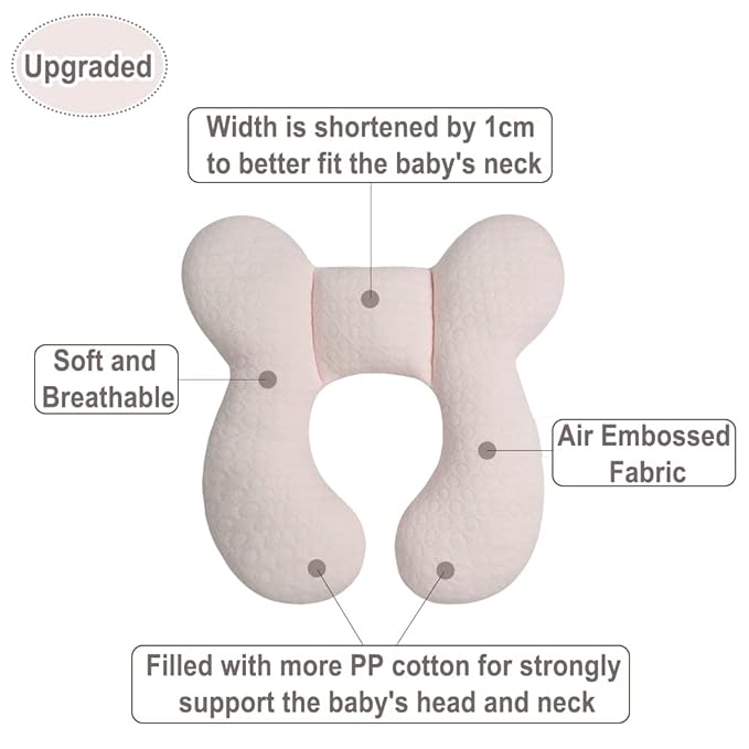 Upgraded Baby Head Support Pillow for Newborn Toddler, Soft Cotton Baby Travel Pillow for Car Seats and Strollers for Baby, Pink
