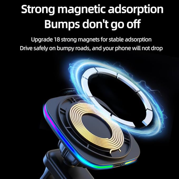 Car Phone Mount – 15W Magnetic Wireless Charger for 12-15 Series, Reliable and Efficient Wireless Charging Phone Holder (Black with RGB Light)