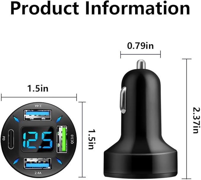 4 Ports USB Car Charger USB Adapter with Voltmeter,Type C Port PD 3.1/QC 3.0 Super Fast Charging Car Cigarette Lighter Plug for iPhone 14 13 12,S22 S21 S20,iPad Pro& More Mobil Phone (Black)