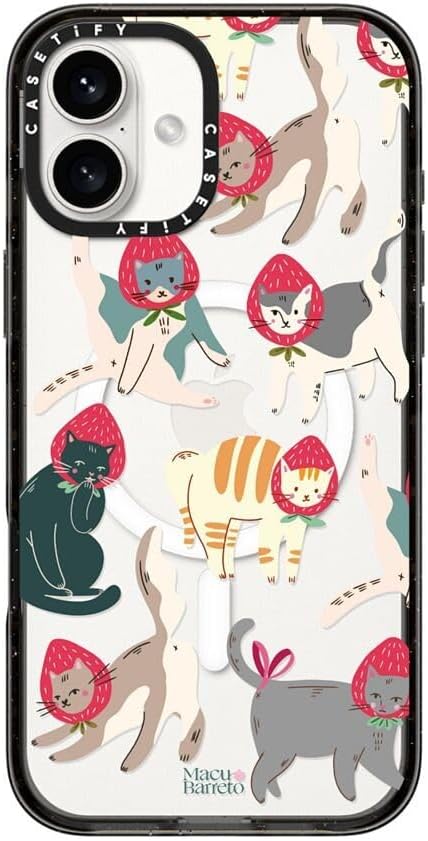 CASETiFY Impact Case for iPhone 16 Plus [8.2ft 4X Military Grade Drop Protection/Compatible with Magsafe] - Strawberry Cats - Clear Black