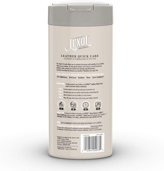Lexol All Leather Quick Care All-in-One Formula, Best Leather Cleaner and Conditioner, for Use on Apparel, Furniture, Auto Interiors, Shoes, Bags, 30-Count Sheet Wipes,E301500100 , white