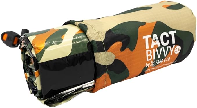 Survival Frog Tact Bivvy 2.0 Emergency Sleeping Bag with Stuff Sack, Carabiner & Survival Whistle – Compact, Lightweight, Waterproof, Reusable Thermal Bivy Sack Shelter Kit