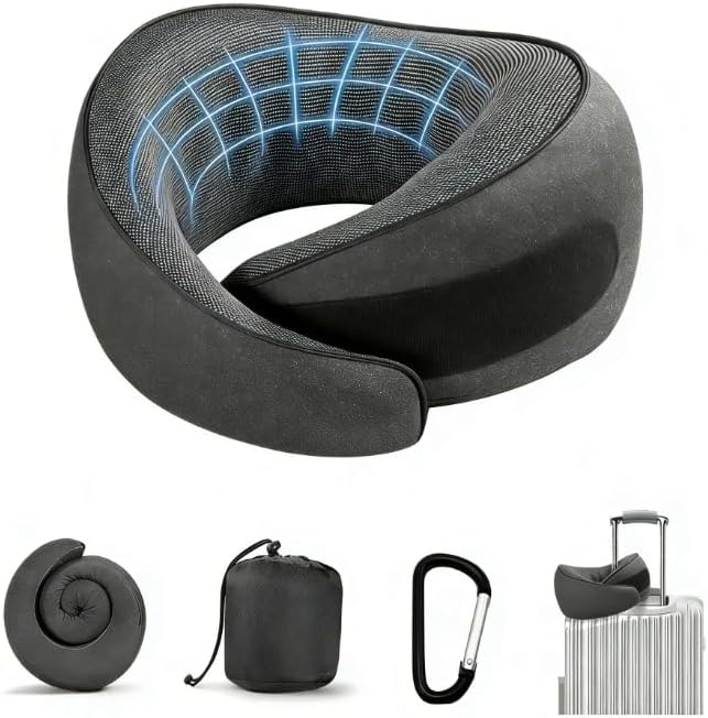 SZXYX Travel Pillows for Airplanes, 100% Pure Memory Foam Neck Pillow for Airplanes, Comfortable Breathable Cover, 360° Support Stowable Pillows for Sleeping, Car, Airport Travel Essentials Black