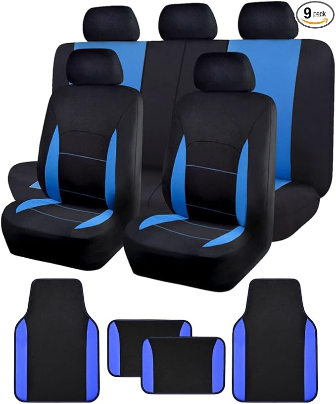 Flying Banner Car Seat Covers Front Seats Rear Bench Polyester car seat Protectors Easy installations Rear Bench Split Classic Man Lady Truck (Full Set - Low Back - Combo Pack, Black Blue)