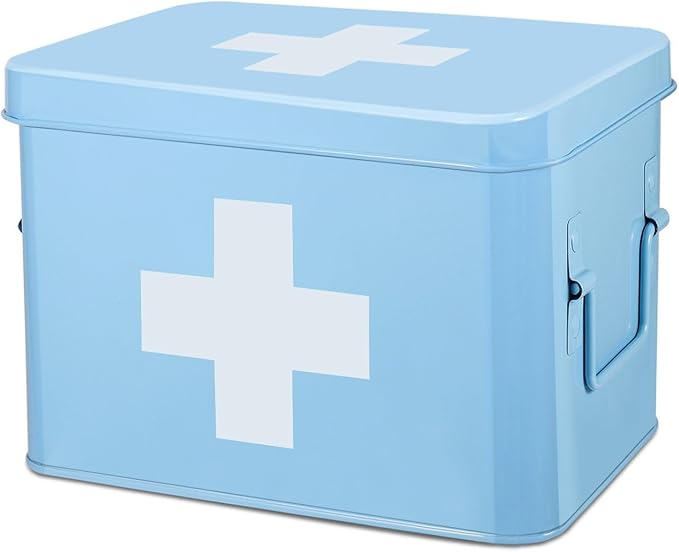 Flexzion First Aid Organizer, 8.5 Inch Blue Vintage Metal Kit Tin With Dividers, Removable Tray and Cross Logo - Empty Medical Storage Container