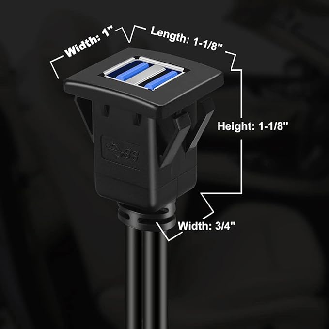 BATIGE Dual Ports Square USB 3.0 Panel Flush Mount Extension Cable with Buckle for Car Truck Boat Motorcycle Dashboard-3ft