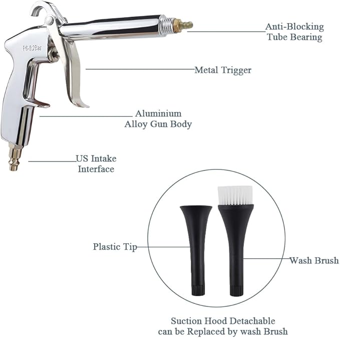 Car Cleaning Gun with Microfiber Cleaning Cloth Car Detailing Brush，High Pressure Air Blow Gun with 2 Set Nozzle, Interior Car Cleaning for Vehicle Upholstery Carpet Seat