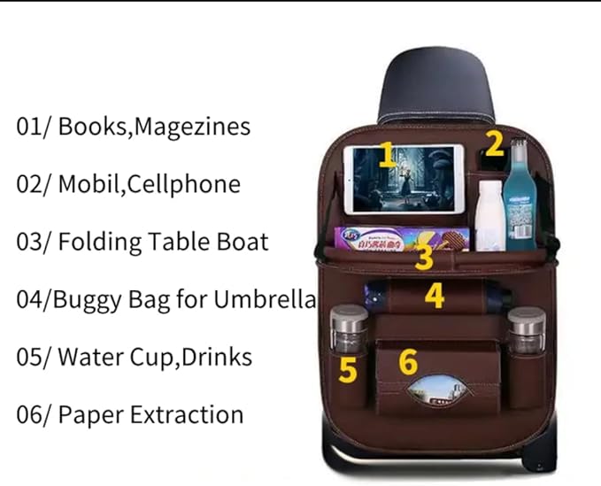 Luxury PU Leather Car Backseat Organizer with Foldable Table – Multi-Functional Car Seat Storage. Waterproof Travel Back Seat Organizer with Cup Holders, Tissue Box & Tablet Pocket (Coffee)