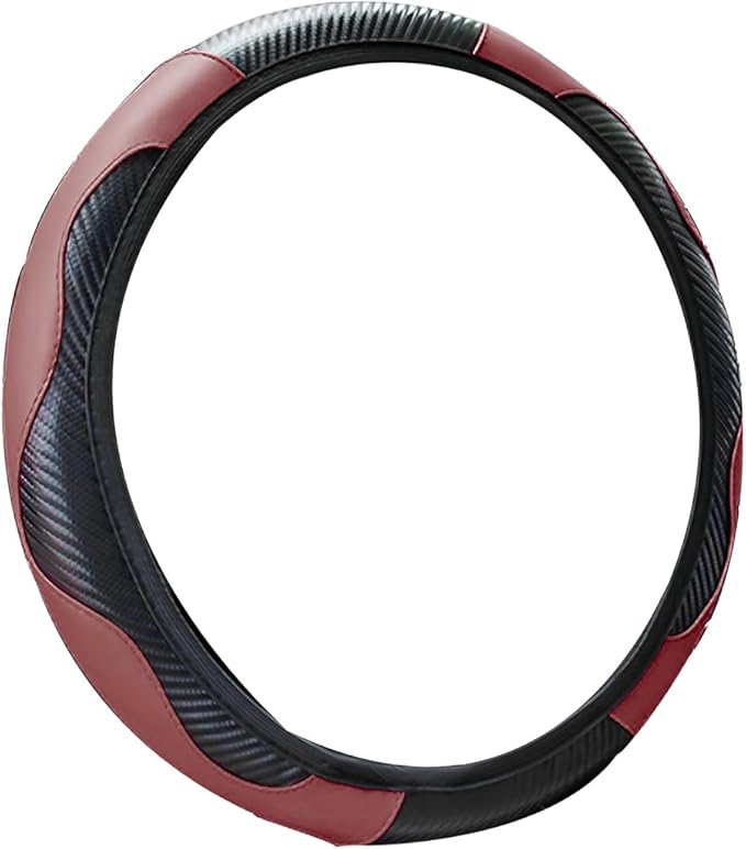 Car Steering Wheel Cover, Microfiber PU Leather Elastic Carbon Fiber Auto Steering Wheel Protector, 15 Inch Breathable Anti-Slip for Women Men, Car Interior Accessories for Most Cars (Black/Wine Red)