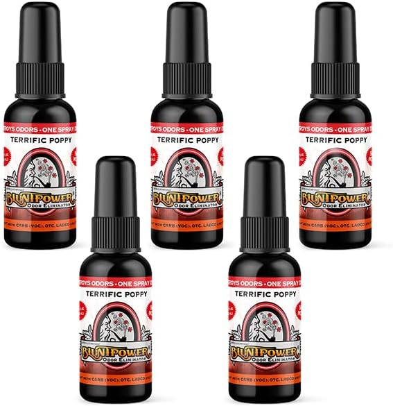 BluntPower (Terrific Poppy, 5 Pack) Concentrated Odor Eliminator and Diffuser Oil - Room Deodorizer, Odor Eliminator, and Smoke Eliminator Spray - Premium Oil Based Air Freshener & Odor Eliminator Spray