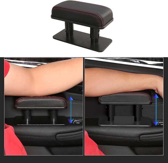 Car Driver Arm Pad Cushion, Car Center Console Elbow Cushion Pad Car Door Armrest Rest Pad Adjustable Height Comfort Universal Fit for Most Car, Black with Red Stitches