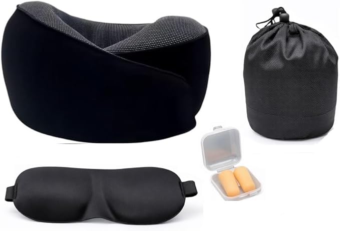 Neck Travel Pillow |100% Pure Memory Foam Neck Pillow Comfortable & Breathable Cover, Machine Washable for Travel, Airplane, Car Rides, & Home Use, Travel Kit with Eye Masks, Earplugs, & Bag (Black)