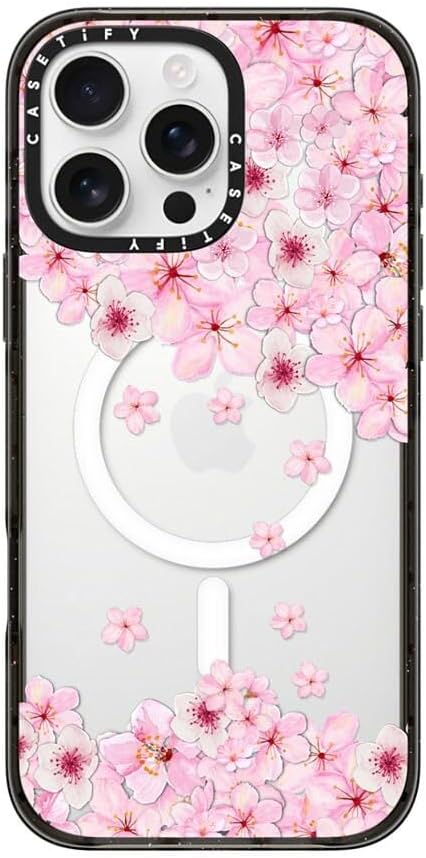 CASETiFY Impact iPhone 16 Pro Max Case [4X Military Grade Drop Tested / 8.2ft Drop Protection/Compatible with Magsafe] - Sakura Cherry Saturday - Clear Black
