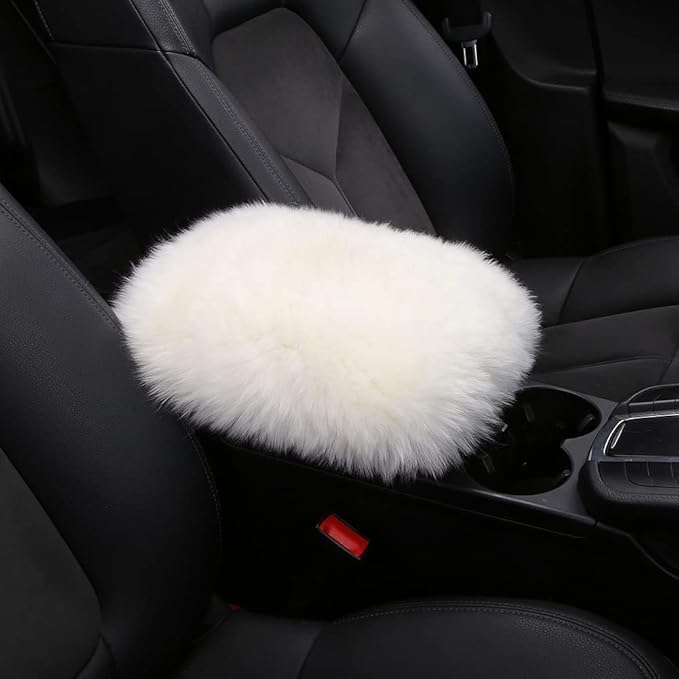 LLB Auto Center Console Cover Pad Universal Fit for SUV/Truck/Car, Genuine Sheepskin Wool Fur Car Armrest Seat Box Cover, Furry Fluffy Auto Armrest Cover Protector (White)