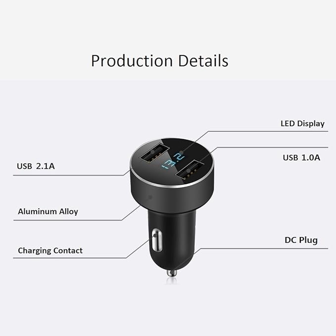 LIHAN 2 USB Car Charger,12V/24V Voltage Meter, Output 4.8A, Cigarette Lighter Plug Adapter Compatible with iPhone,iPad, Samsung, USB Charging Devices, Black