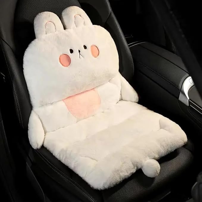 Cute Car Seat Cushion, Cartoon Plush Car Pillow for Driving Seat, Lumbar Support Pillow for Car with Anti-Slip Design, All-Season Car Headrest and Back Pillow for Cars, Chair, Wheelchair (Rabbit)