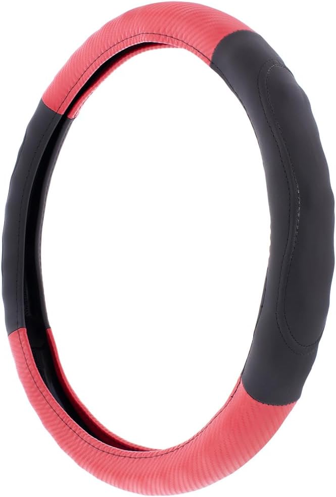 United Pacific 70409 18" Carbon Fiber Pattern Steering Wheel Cover, Engineered Leather Construction, Large Grip – ONE Steering Wheel Cover – Black/Red Carbon Fiber