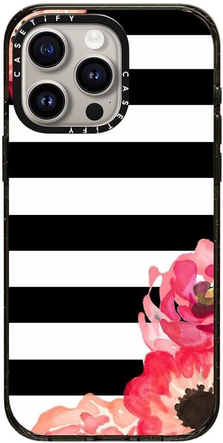 CASETiFY Impact iPhone 15 Pro Max Case [Slim/Compatible with Magsafe / 8.2 ft. 4X Military Grade Drop Protection] - Striped Florals (Black & White) - Clear Black